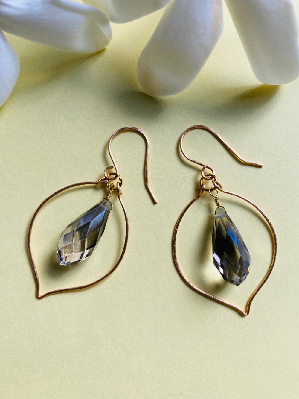 Handcrafted Hoop Earrings with Black Diamond Faceted Crystal Drop Briolettes